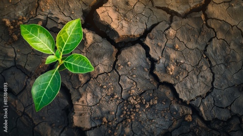 A green plant emerges from dry, cracked earth, symbolizing the potential for ecological restoration and the role of plants in mitigating climate effects. photo