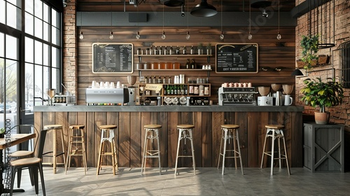 Wooden and gray coffee shop interior background,