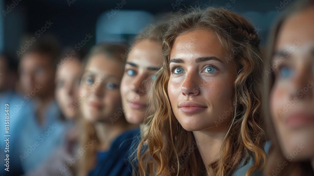 Employees attending a corporate training seminar, listening to a speaker discuss team dynamics