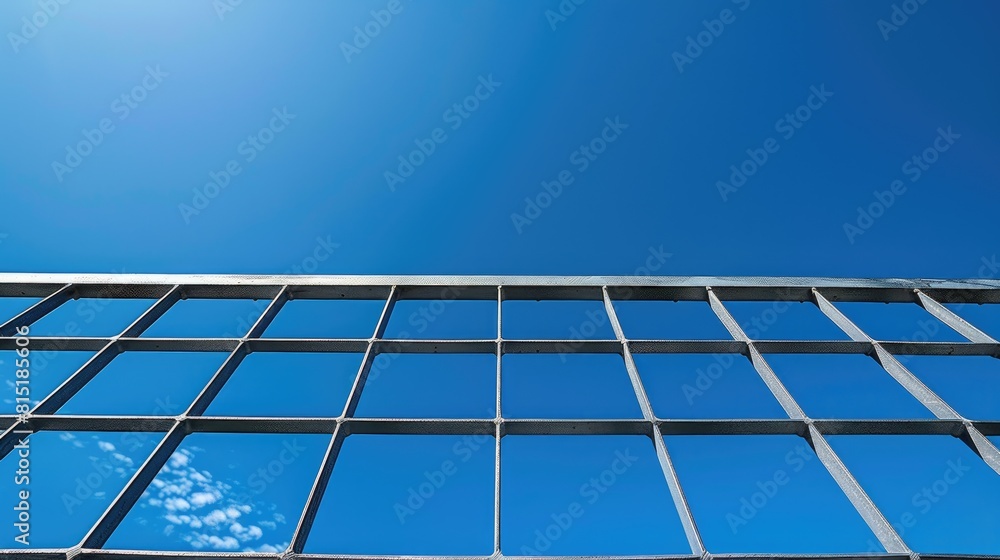 A striking metal grid set against a backdrop of clear blue skies A striking metal grid set against a backdrop of clear blue skies