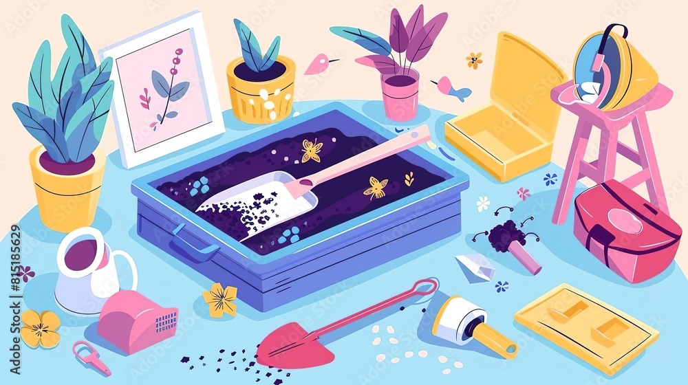 A colorful illustration of gardening tools and supplies A colorful illustration of gardening tools and supplies