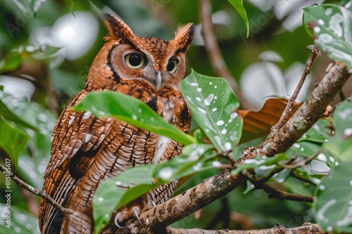 wild owl sits on a branch in the forest. Bird in the wild. Owl habitat. Animal photography