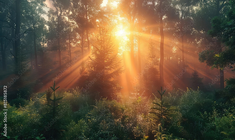 Fototapeta premium Sunrise scene with bright beams breaking through a dense forest, serene, natural setting