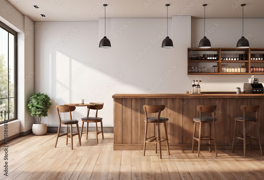 Fototapeta premium Modern cafe interior with empty white wall, wooden counter and natural light background, cozy space concept. minimalist interior design concept. 3D rendering,