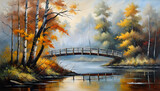 Oil painting, creative beautiful landscape; forest edge on the shore of a lake with a thin wooden bridge in the fog, Art painting, giclee for interior