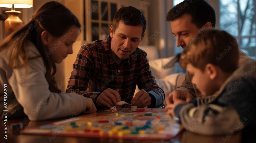 Family Game Night, Parents and children playing board games, Fun family bonding