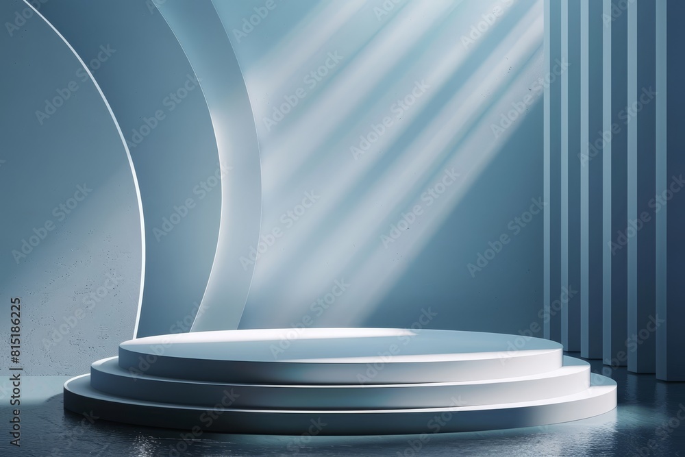 Minimalistic 3D background with a white podium and curved arch illuminated by soft light Minimalistic 3D background with a white podium and curved arch illuminated by soft light