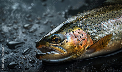 Fresh rainbow trout with water droplet fish photo