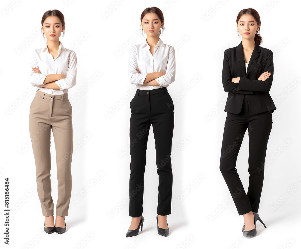 Set of business Woman with natural face beauty, 25 years old, three side view on transparent background cutout, PNG file. 