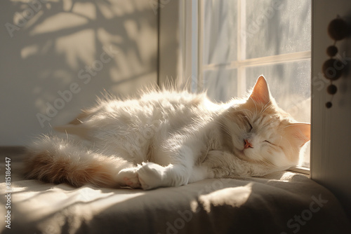 Fluffy cat napping in gentle sunlight