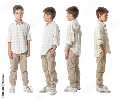 Set of young boy with natural facial beauty, aged 10, three side views, cut out