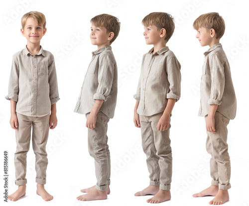 Set of young boy with natural facial beauty, aged 10, three side views, cut out
