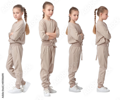 Set of young girl with natural facial beauty, aged 10, three side views, cut out