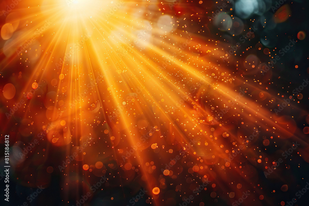 Obraz premium Bright sun rays and glare on a blurred background. Horizontal bokeh background. Generated by artificial intelligence