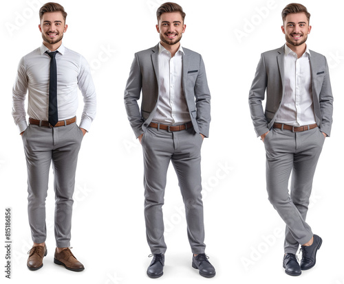 Set of business Man with natural face beauty, 25 years old, three side view on transparent background cutout, PNG file. 