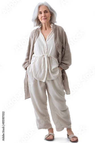 Old Woman with natural face beauty, 60 years old, three side view on transparent background, cut out
