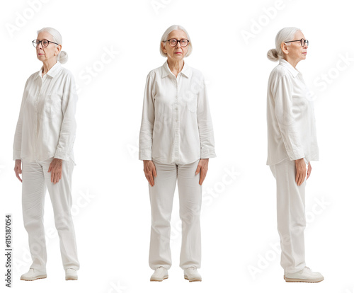 Set of old Woman with natural face beauty, 60 years old, three side view on transparent background, cut out