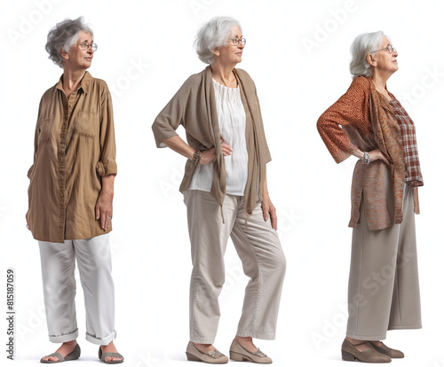 Set of old Woman with natural face beauty, 60 years old, three side view on transparent background, cut out