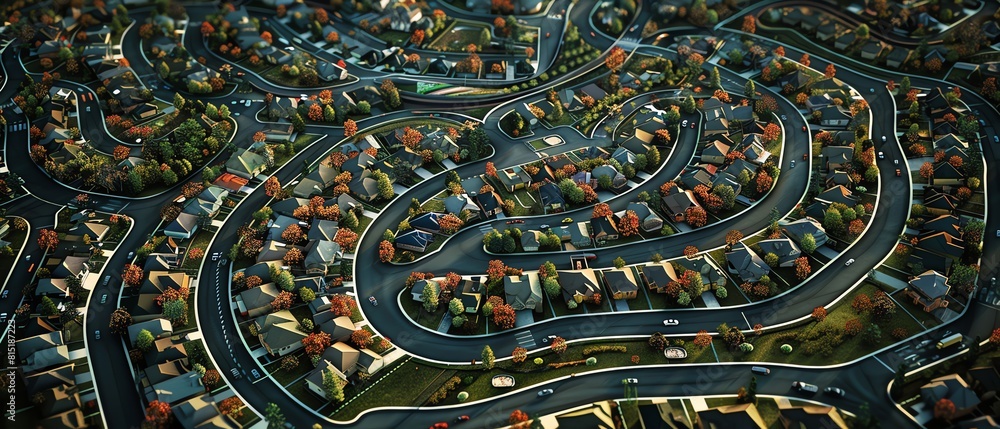 Craft a photorealistic digital image of a sprawling cityscape, with intricate roads winding through neighborhoods, capturing the essence of urban life in minute detail