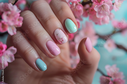 Easter themed manicure with pastel pink  mint and blue colors on a woman s hand. Closeup view with spring blossom flowers