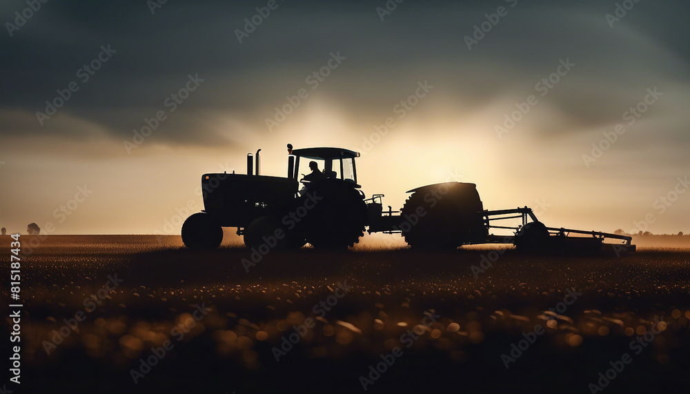 Fototapeta premium silhouette of an Agricultural machinery tractor on the field harvesting sowing 