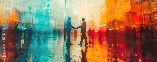 Two businessmen making a handshake at a busy trade fair  vibrant colors  wide angle