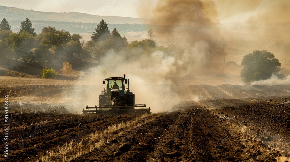 A tractor plowing through farmland, kicking up dust in the warm light of the setting sun. A tractor plowing through farmland, kicking up dust in the warm light of the setting sun.