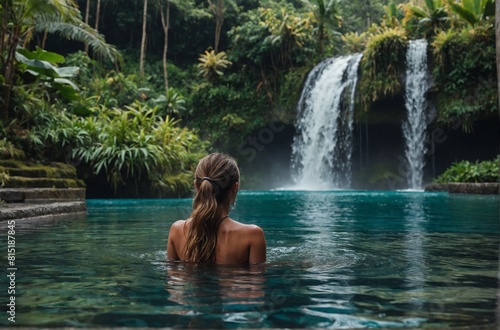 waterfall in Bali, woman in bikini bathing and swimming in the water shoulder deep surrounded by the beautiful nature of Bali