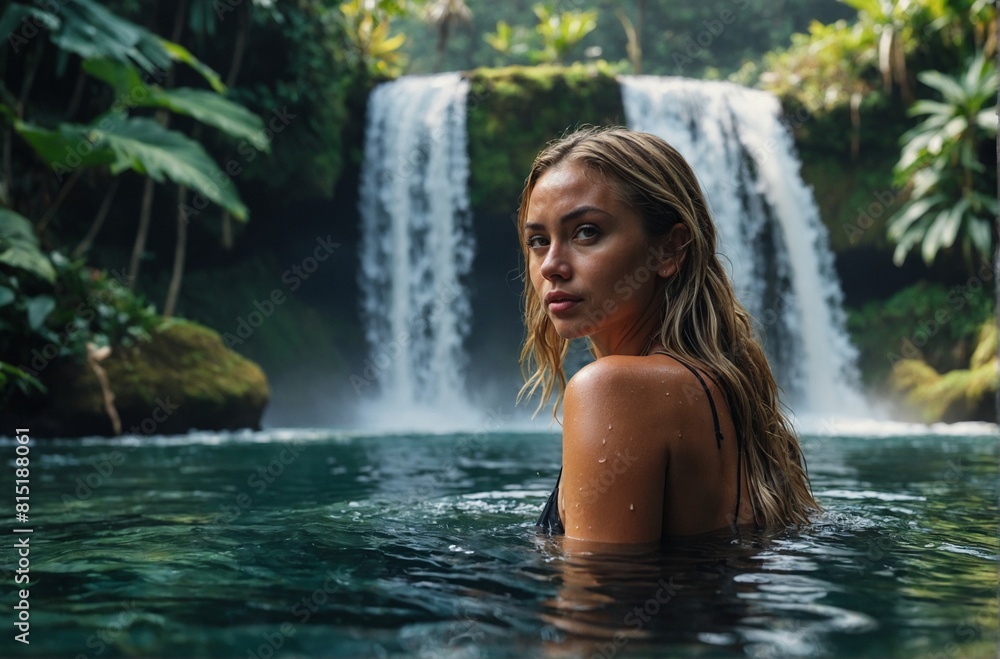 woman in bikini bathing and swimming in the water at a beautiful waterfall in Bali woman in bikini bathing and swimming in the water at a beautiful waterfall in Bali
