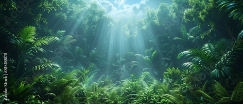 Atmospheric fantasy forest  rich jungle greenery  sun rays through the trees. 3D illustration.
