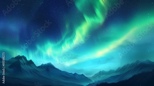 Fantastic landscape with aurora borealis in the night sky over the mountains.