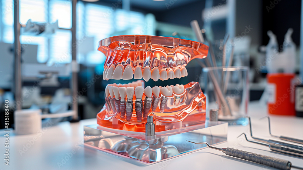 A sophisticated 3D model of a jaw rests on the dentist's table, showcasing the integration of advanced technology in modern prosthetics and dental care. A sophisticated 3D model of a jaw rests on the dentist's table, showcasing the integration of advanced technology in modern prosthetics and dental care.