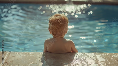 A young baby is sitting in a pool, looking intently at the clear water in front of them.
