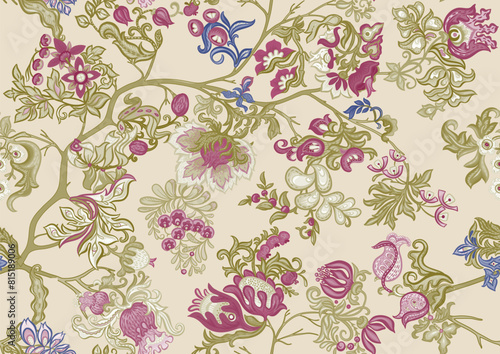 Fantasy, alien flowers, decorative flowers and leaves. Cartoon style. Millefleurs trendy floral design. Seamless pattern, background. Vector illustration.