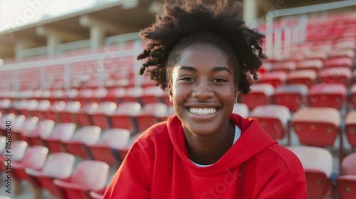 Happy Young African American Woman Smiling in Red Hoodie at Empty Stadium