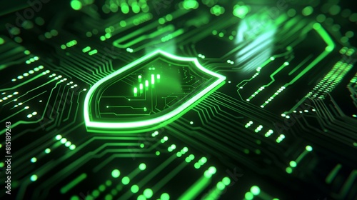 Glowing Green Shield Icon on Futuristic Computer Circuit Board