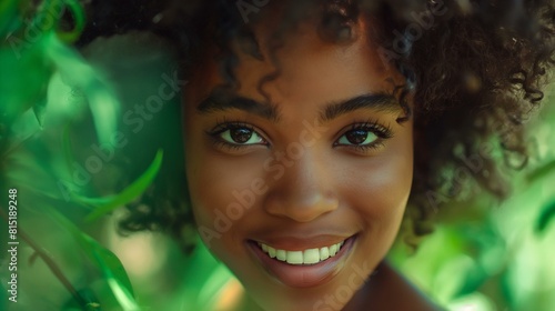 Close-Up Portrait of a Smiling Woman Surrounded by Nature