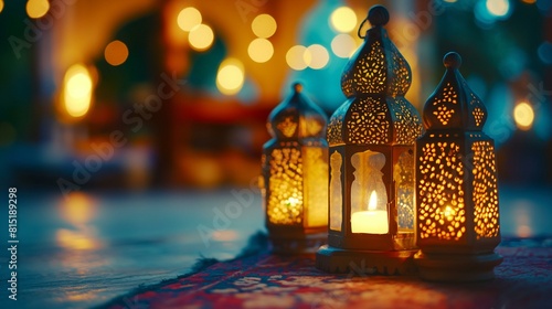 Festive Ramadan Kareem Background With Traditional Lanterns and Islamic Patterns