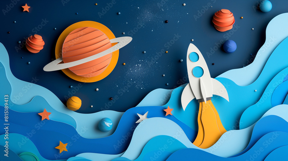 Rocket ship taking off into space, surrounded by planets and stars in the background, all depicted as colorful paper cutouts with blue waves at bottom