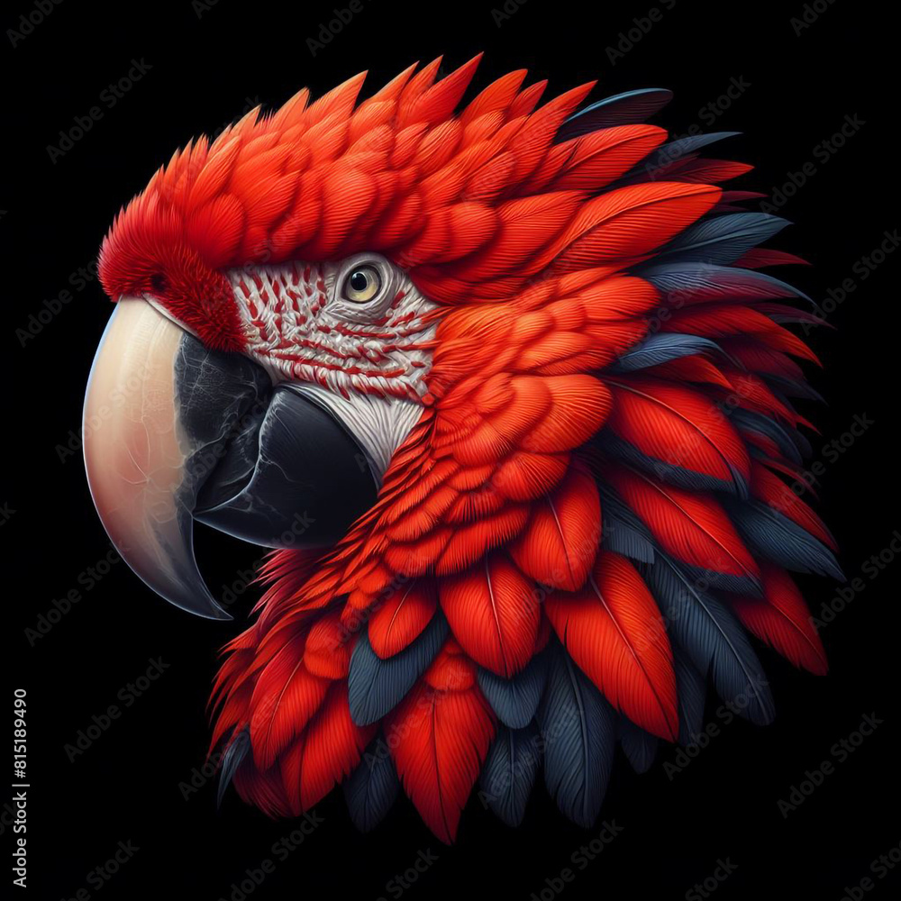 Obraz premium Macaw with red feathers with black background, isolated tropical bird