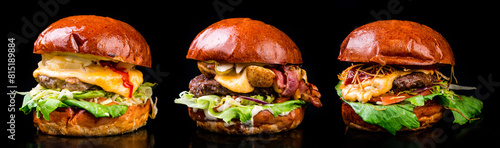 three craft burgers for the menu are isolated on a black background