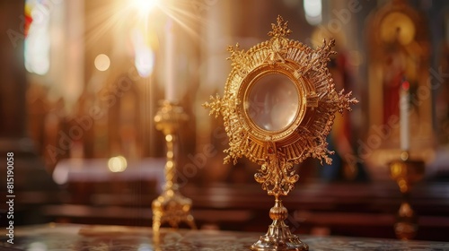An ostensory used for worship during a Catholic church ceremony specifically for the adoration of the Blessed Sacrament is an integral part of the Eucharistic Holy Hour observed in the Cath photo