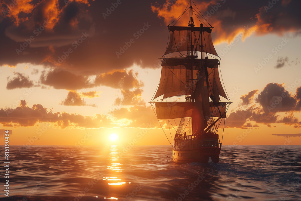 Fototapeta premium A classic tall ship sails on the open sea, evoking images of exploration, maritime history, and the romance of traditional sailing