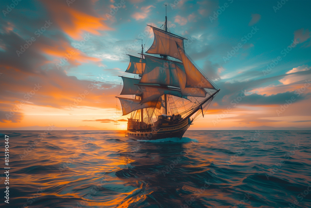 Obraz premium A classic tall ship sails on the open sea, evoking images of exploration, maritime history, and the romance of traditional sailing