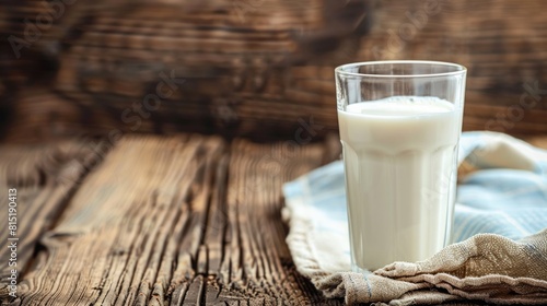 Celebrate World Milk Day with a refreshing glass of cold farm fresh cow s milk packed with high protein and calcium served on a rustic wooden table alongside a nutrition label the perfect wa photo