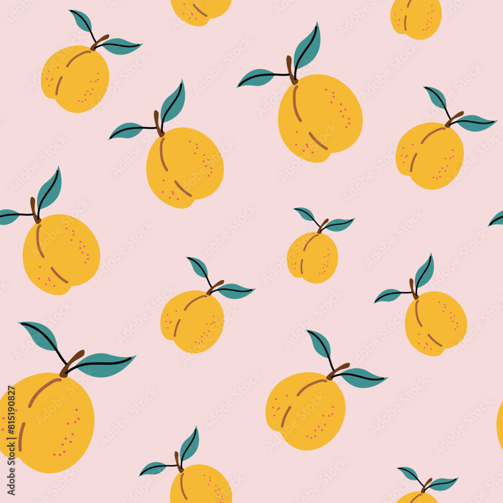 Seamless pattern with apricot. Trendy summer background. Vector illustration in hand drawn flat style. Vector print for fabric or wallpaper. Seamless pattern with apricot. Trendy summer background. Vector illustration in hand drawn flat style. Vector print for fabric or wallpaper.