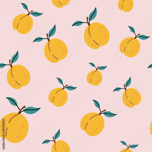Seamless pattern with apricot. Trendy summer background. Vector illustration in hand drawn flat style. Vector print for fabric or wallpaper.