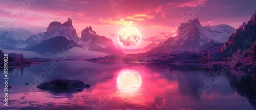 Fantasy mountain landscape  river bank  neon circle  reflection in water. 3D illustration.