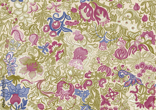 Fantasy, alien flowers, decorative flowers and leaves. Cartoon style. Millefleurs trendy floral design. Seamless pattern, background. Vector illustration.