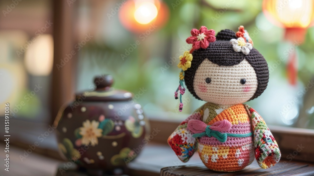 An adorable amigurumi doll dressed in a kimono serves as a charming decoration for Girls Day a traditional Japanese celebration known as Hinamatsuri